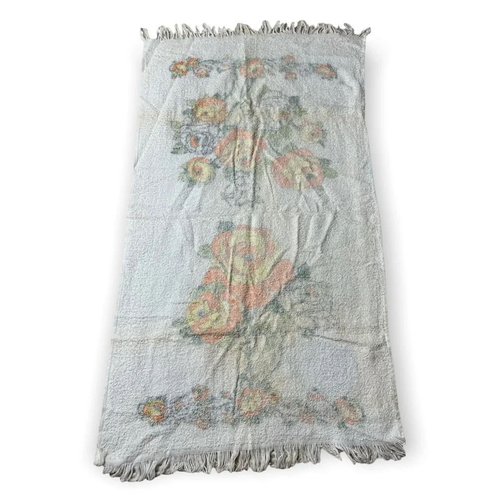 Vintage 1970's Floral Yellow Orange Green Bath Towel